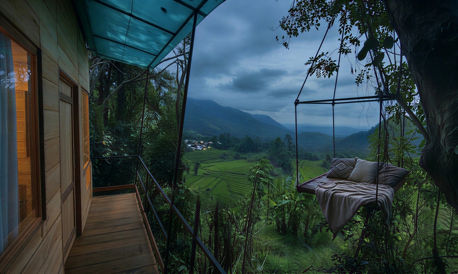 Boutique Sri Lankan Village Nest nestled in tropical jungle at sunset